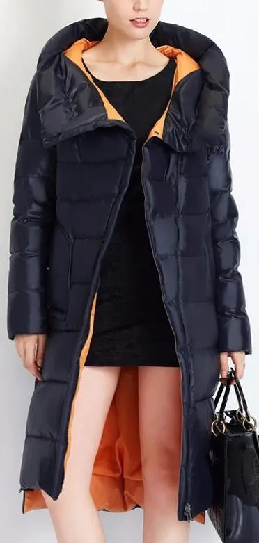 Hooded Thick Puffer Down Coat in Dark Blue