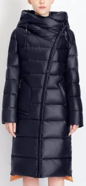 Hooded Thick Puffer Down Coat in Dark Blue