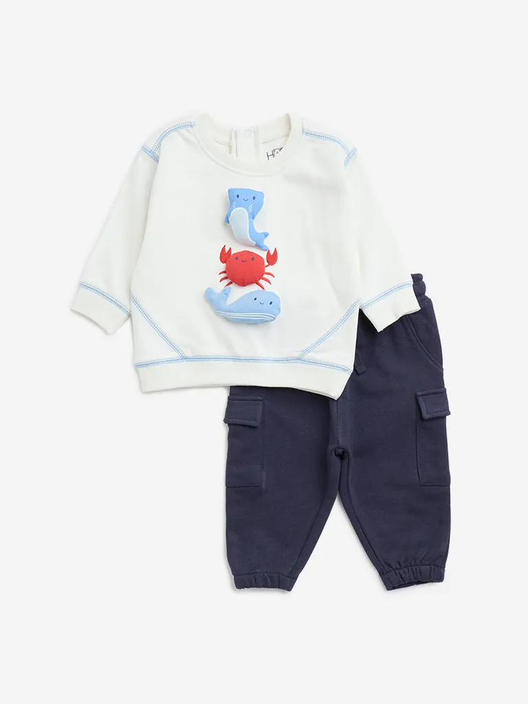 HOP Baby White Animal-Inspired Cotton-Blend T-Shirt & Pants Set