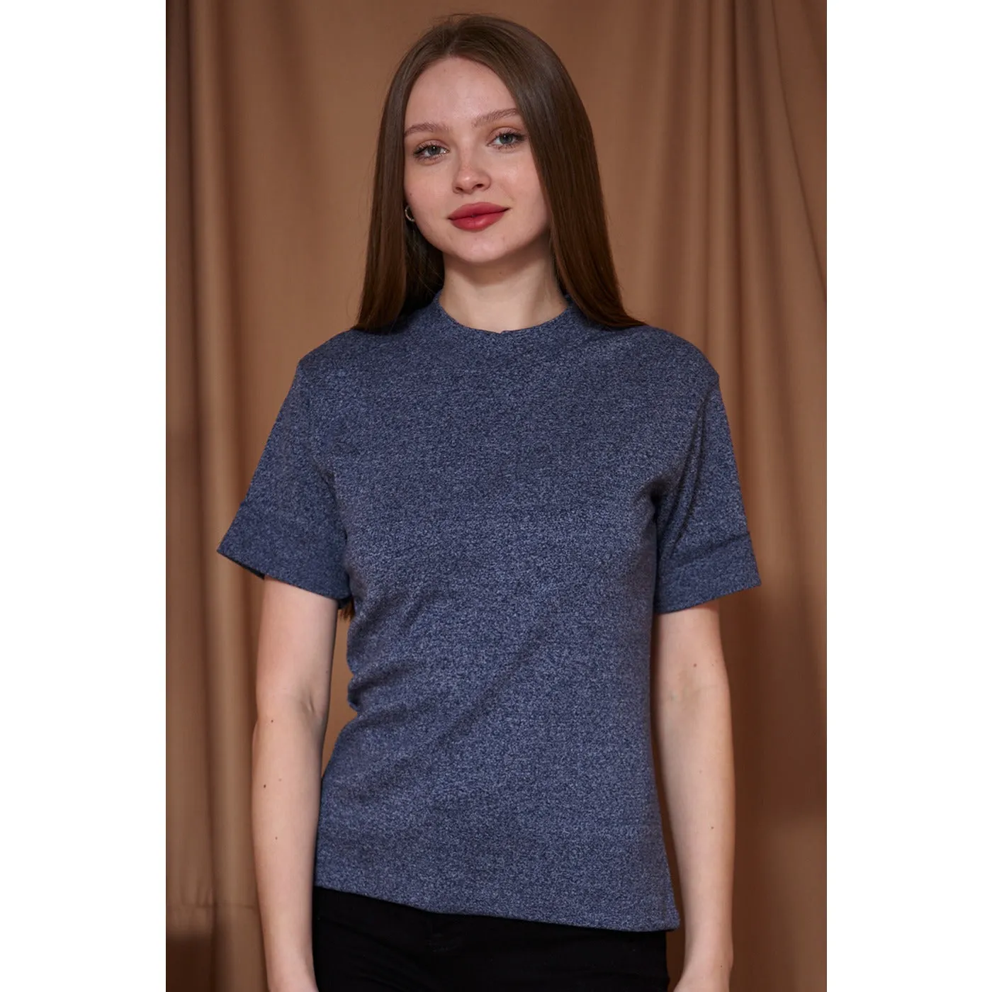 Ink Blue Melange Mock Neck Half Sleeves