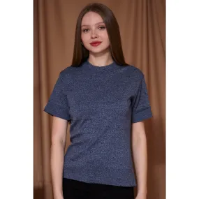 Ink Blue Melange Mock Neck Half Sleeves