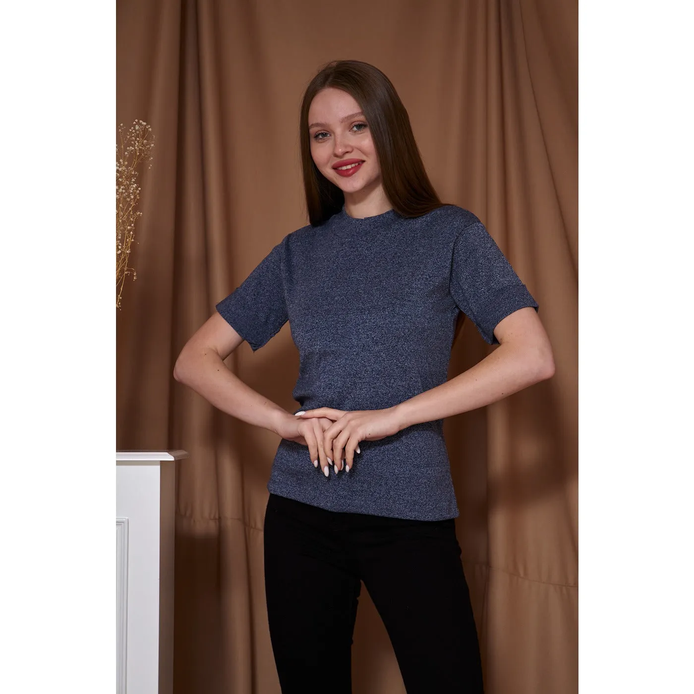 Ink Blue Melange Mock Neck Half Sleeves