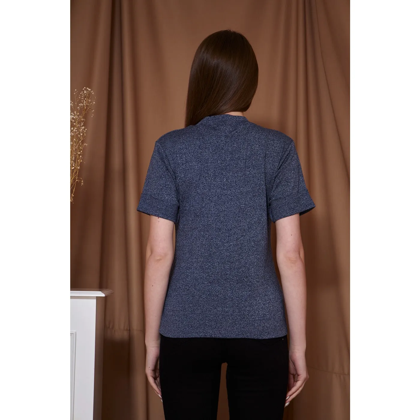 Ink Blue Melange Mock Neck Half Sleeves