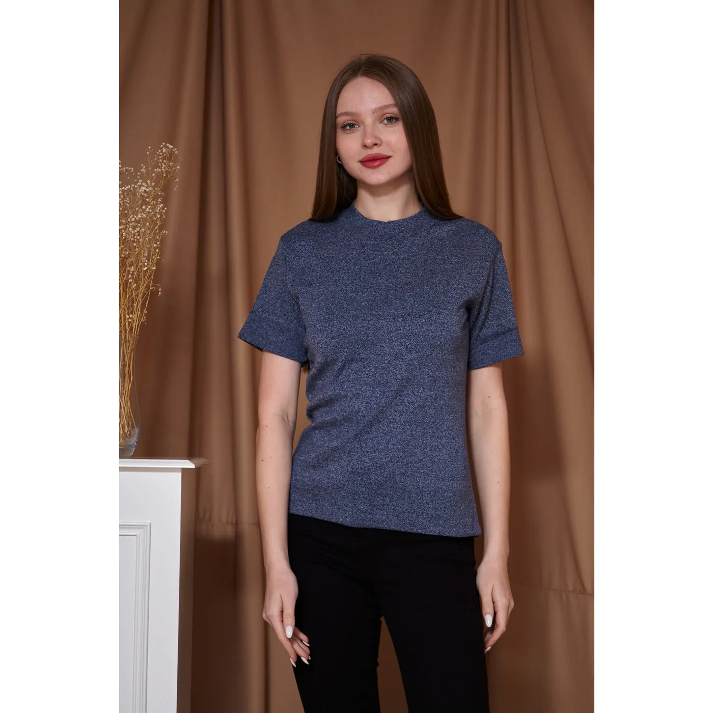 Ink Blue Melange Mock Neck Half Sleeves