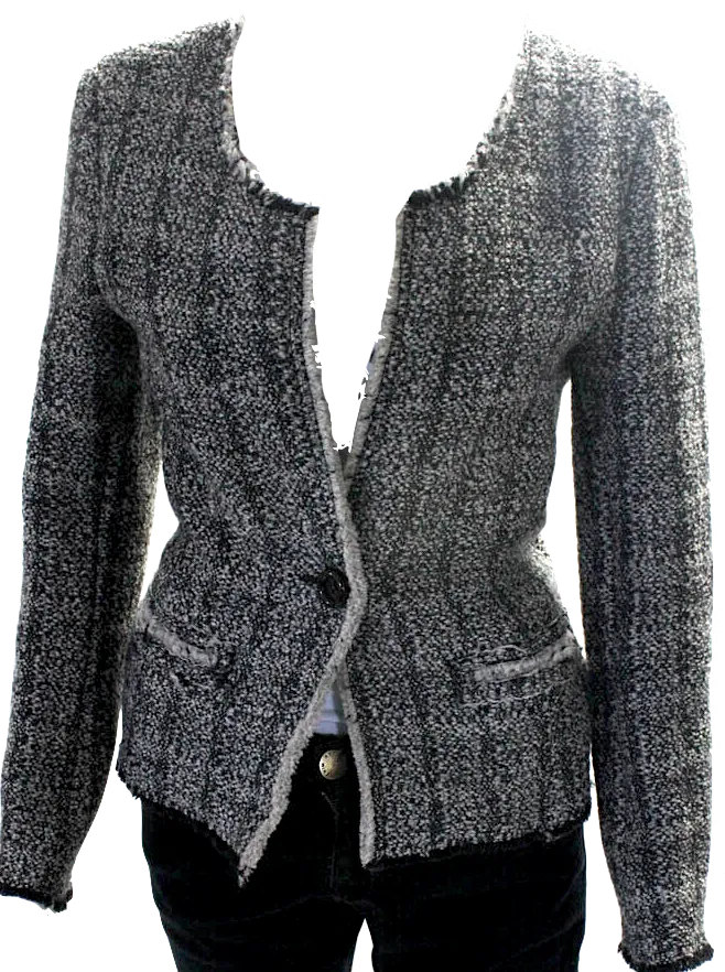 Isabel Marant Etoile Paris. Gray Knitted Boucle Raw-Hem One Button Jacket