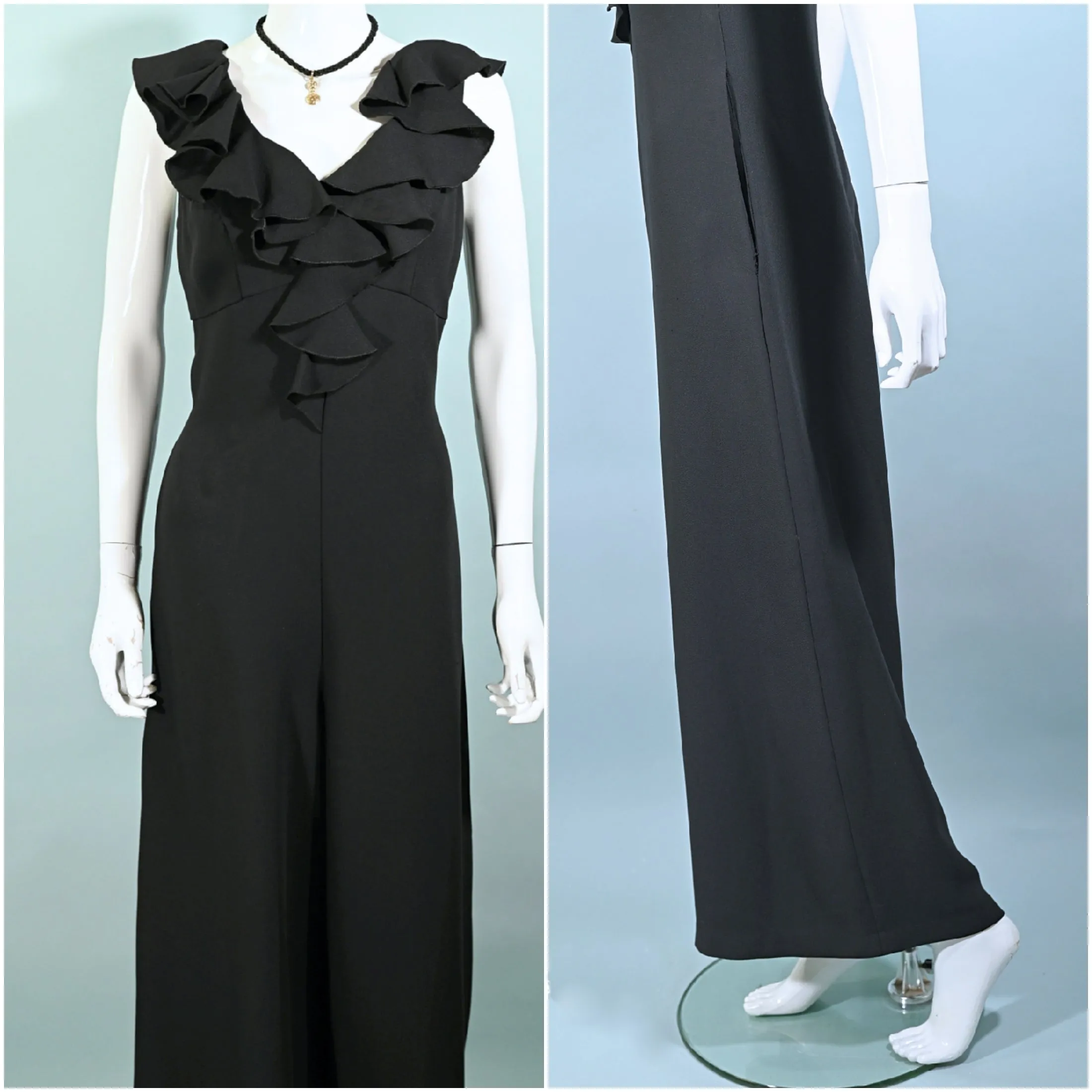 J Magnin Vintage 60s Black Crepe Jumpsuit/Palazzo Pants, Ruffle Neckline M