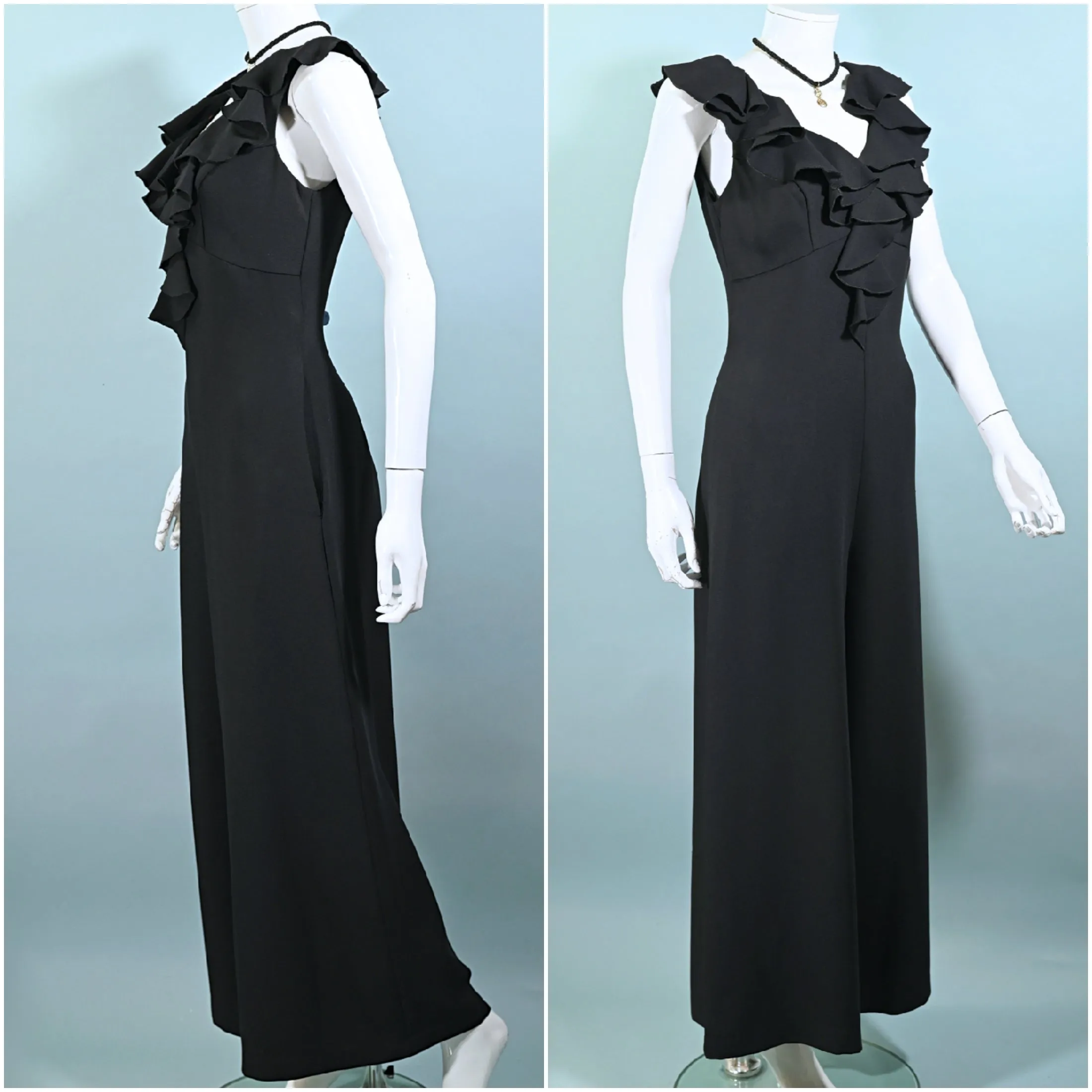 J Magnin Vintage 60s Black Crepe Jumpsuit/Palazzo Pants, Ruffle Neckline M