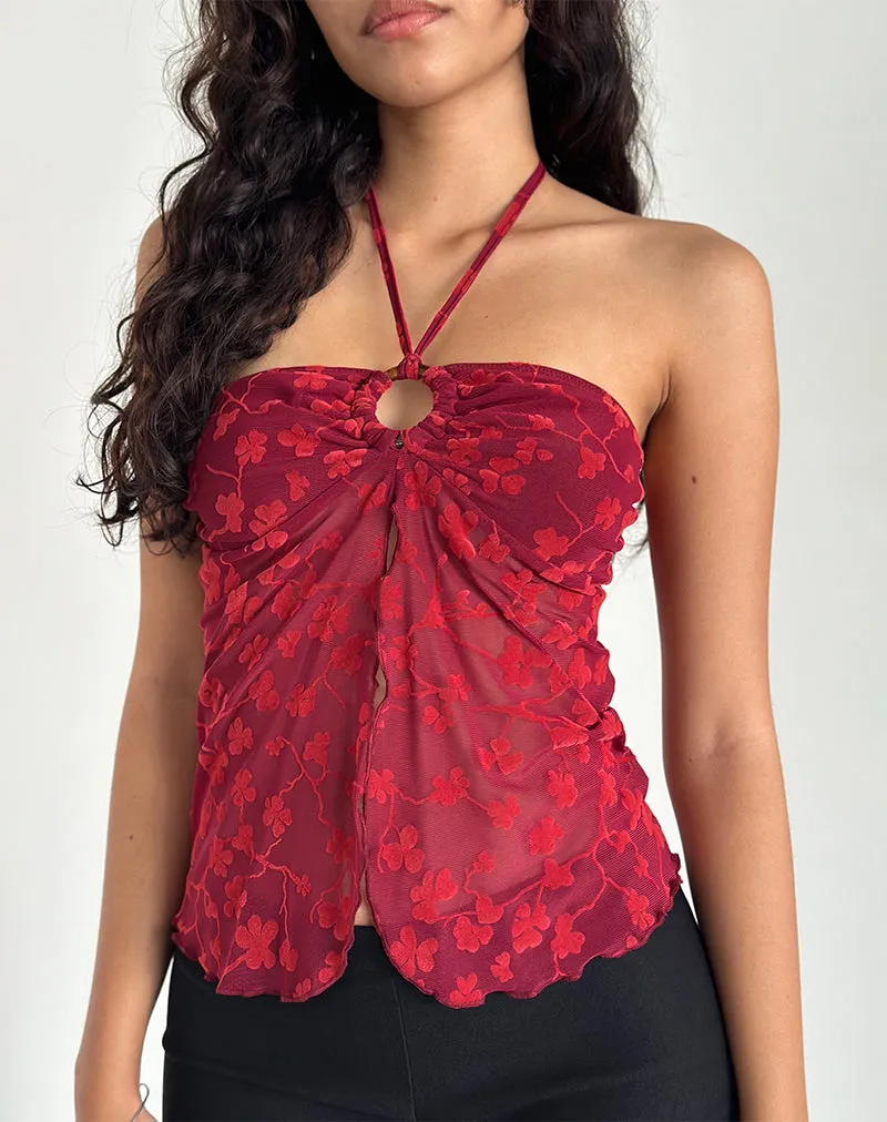 Janar Halterneck Top in Grunge Flower Flock Red