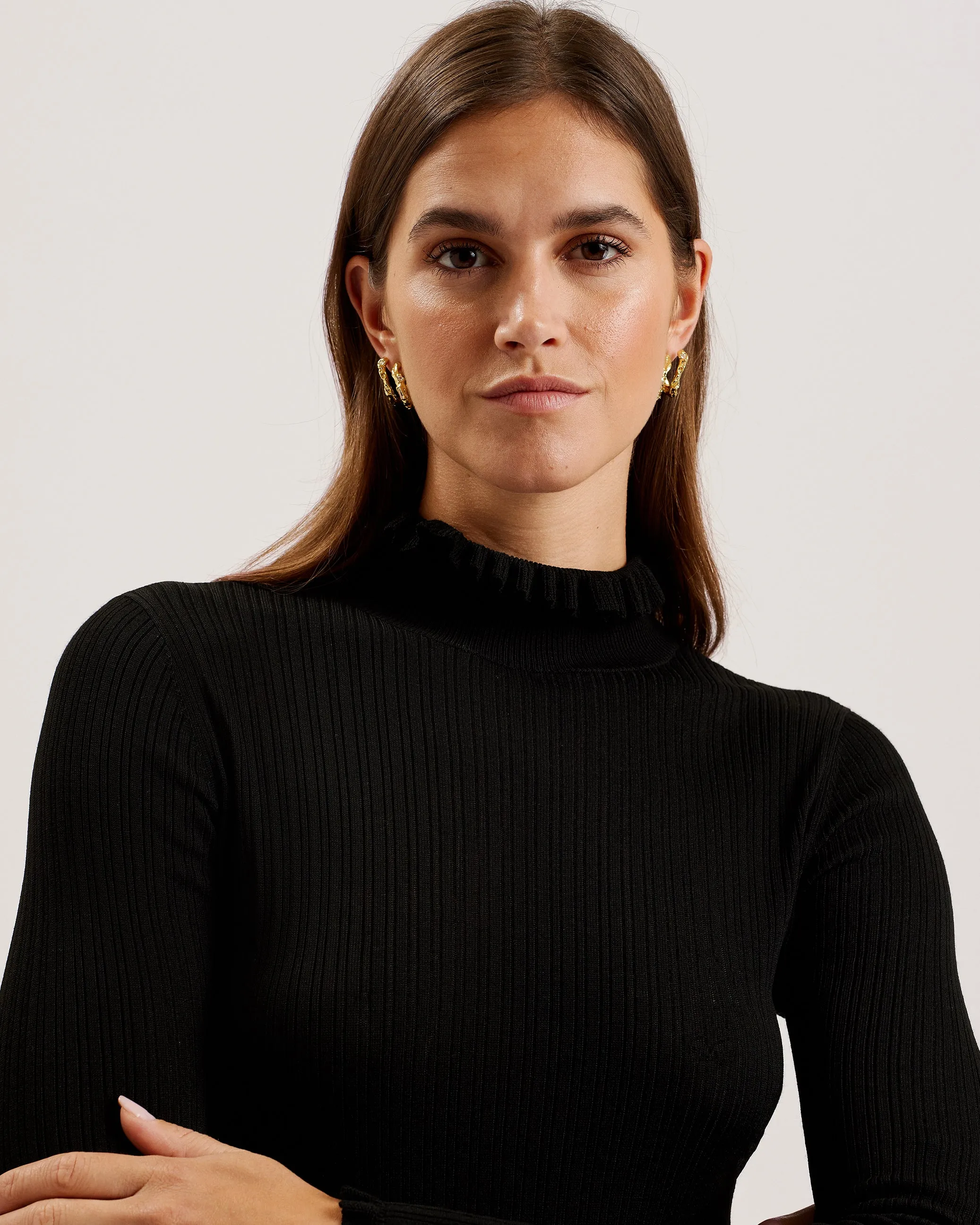 Janittt Rib Funnel Neck Frill Jumper Black