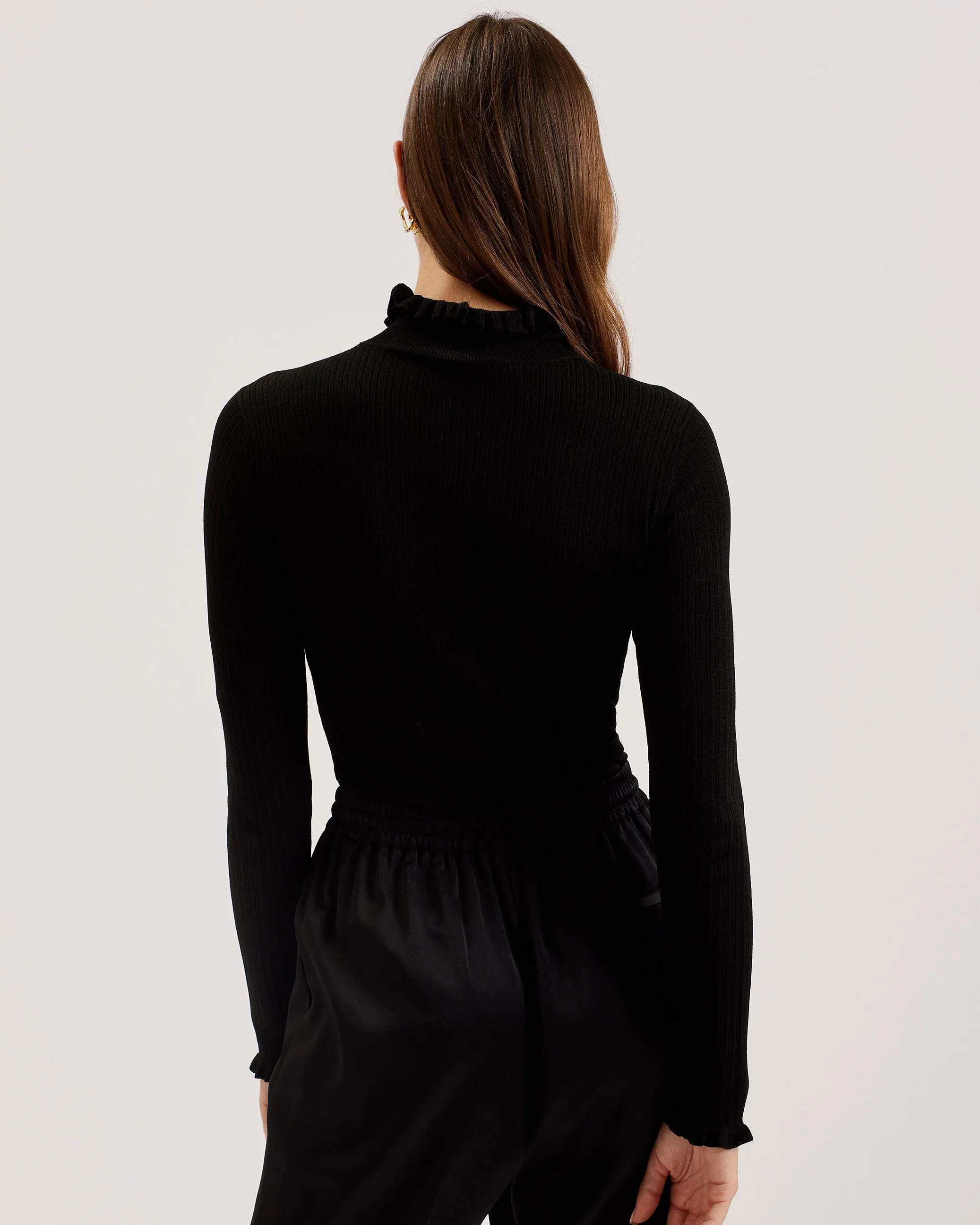 Janittt Rib Funnel Neck Frill Jumper Black