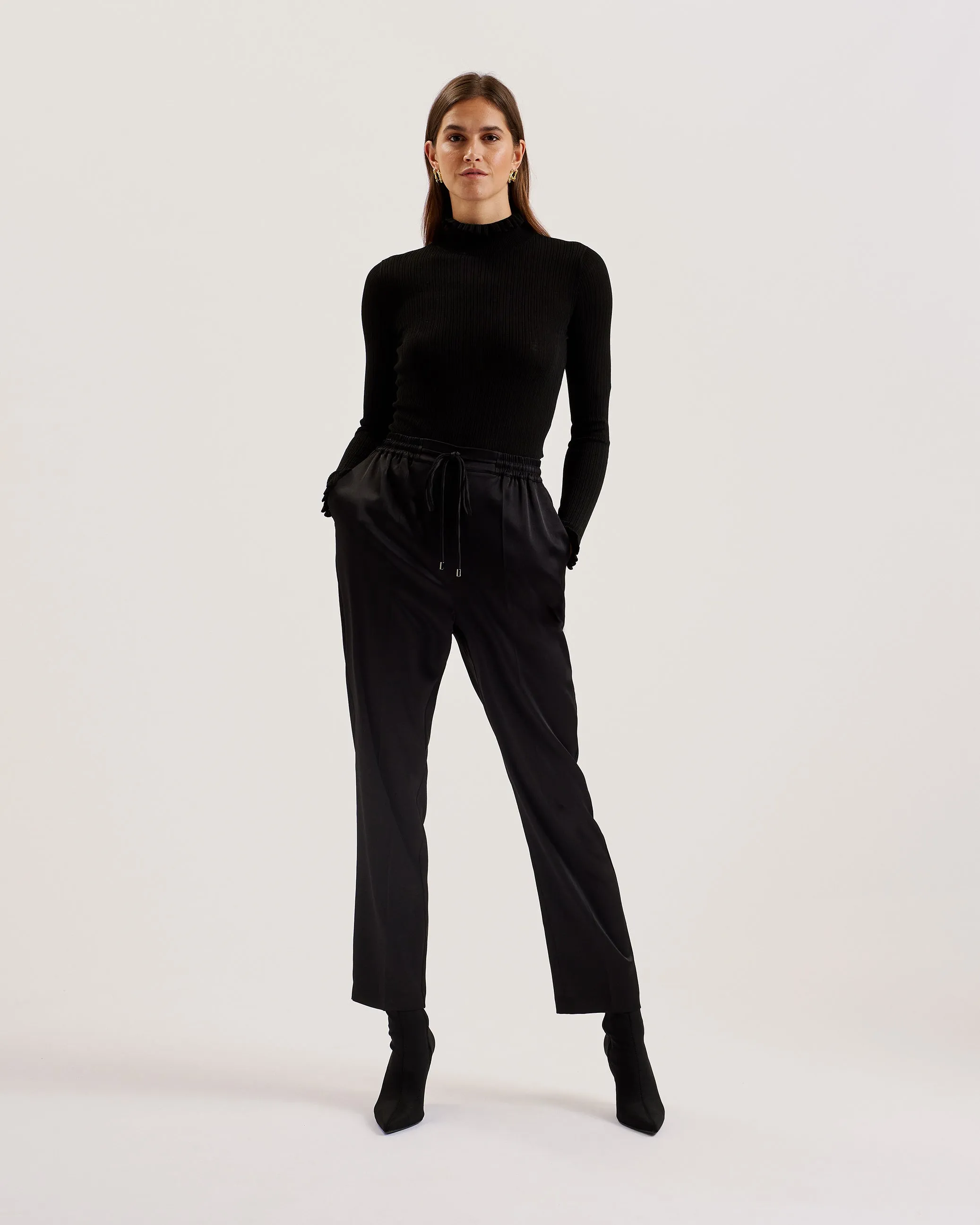 Janittt Rib Funnel Neck Frill Jumper Black