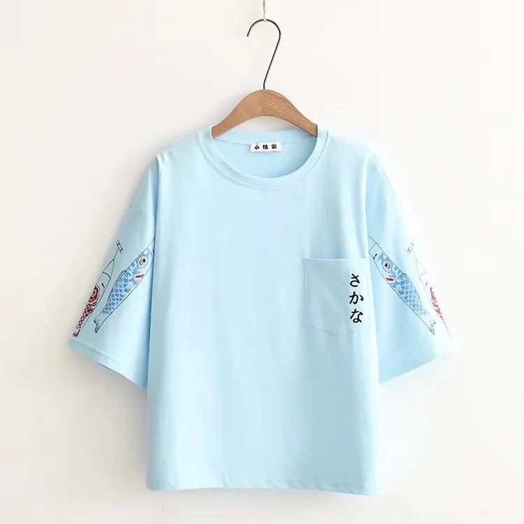 Japan Fish Style Printed Pocket Loose Tees