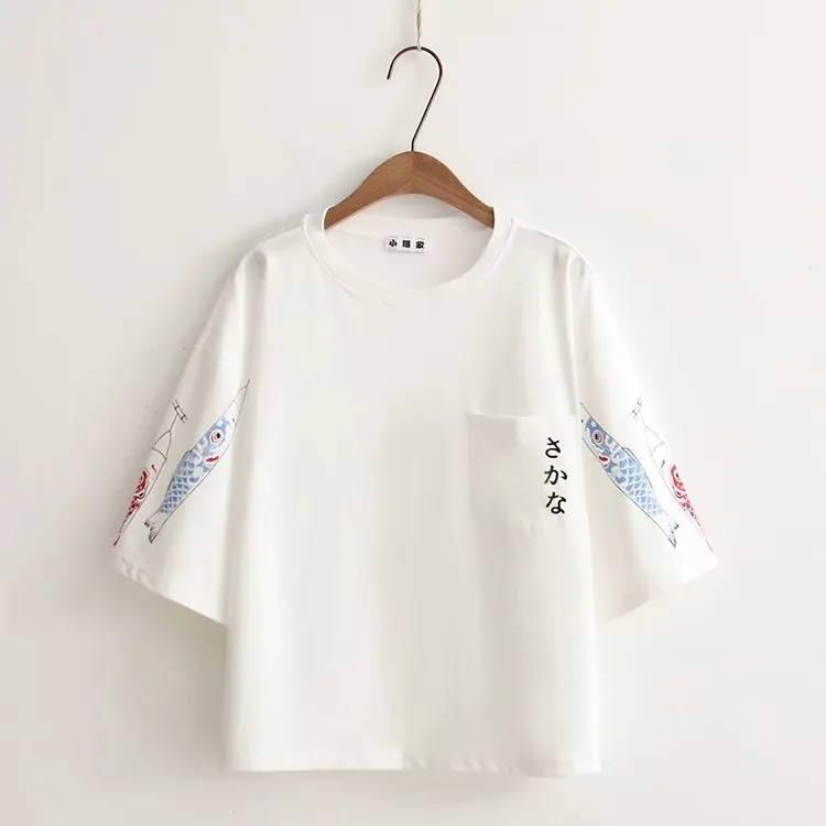 Japan Fish Style Printed Pocket Loose Tees