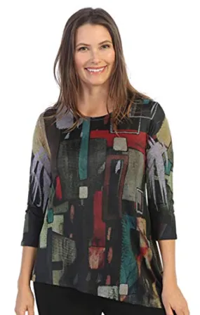 Jess & Jane - Cubes, 3/4 Sleeve Scoop Neck Slinky Like Asymmetric Hem Tunic