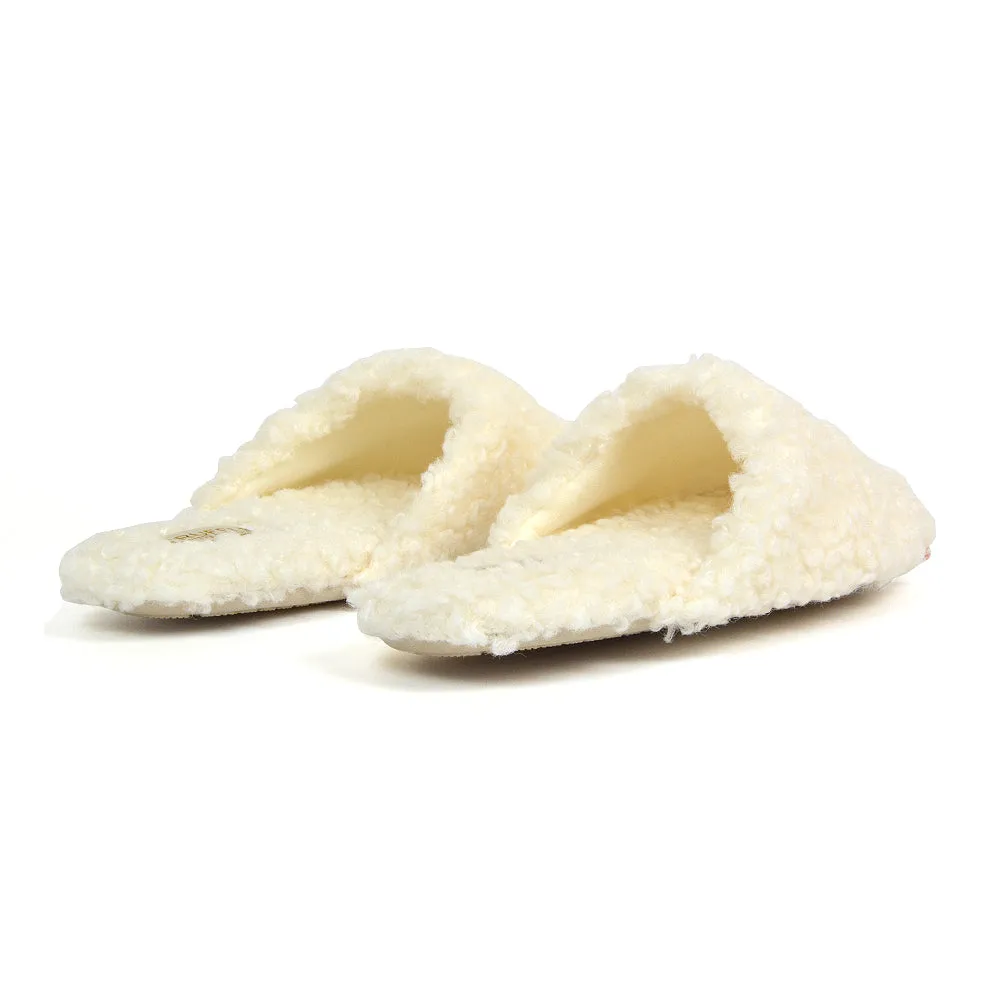 Jody Borg Cosy Slip On Closed Round Toe Mule Flat Slippers in Cream