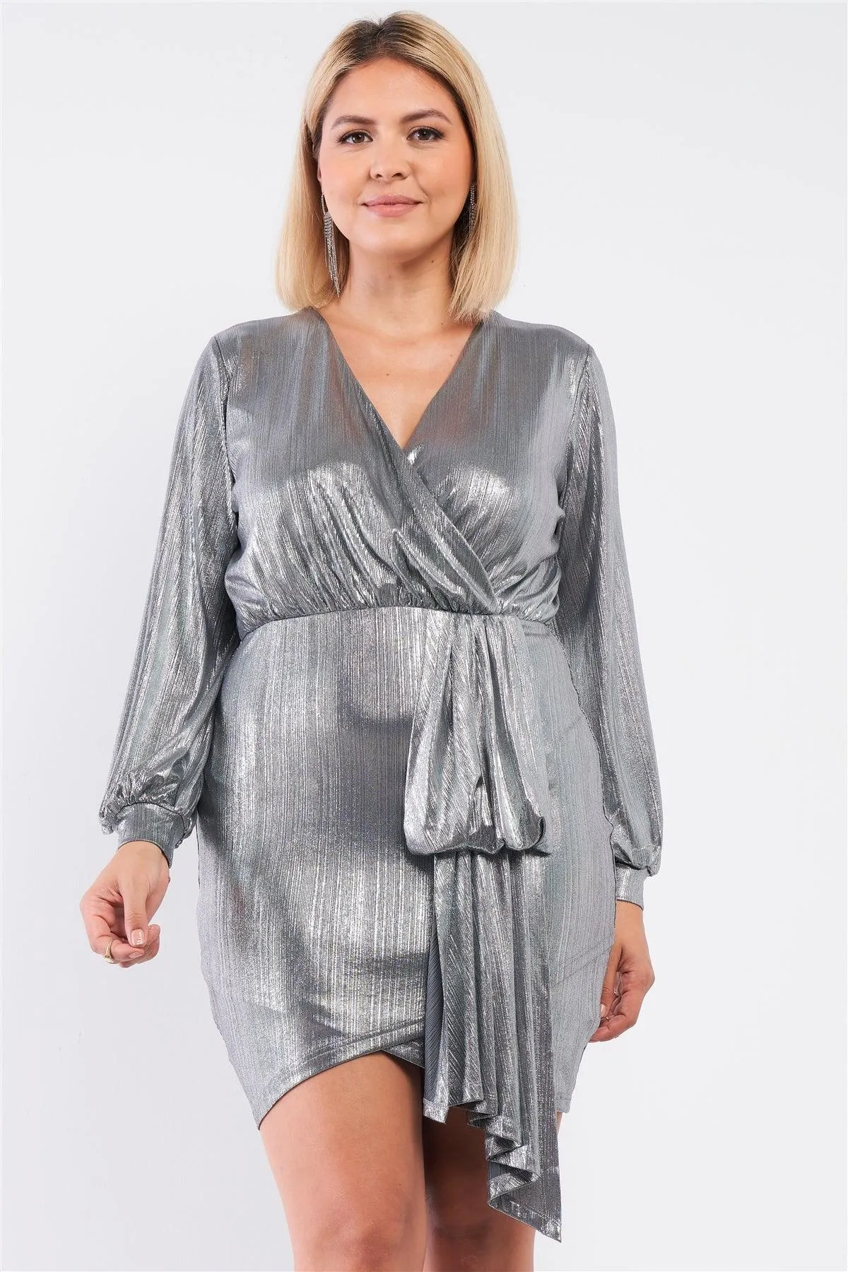 Junior Plus Metallic Silver Long Sleeve V-Neck Asymmetrical Wrap Ruched Mini Dress /1-1-1