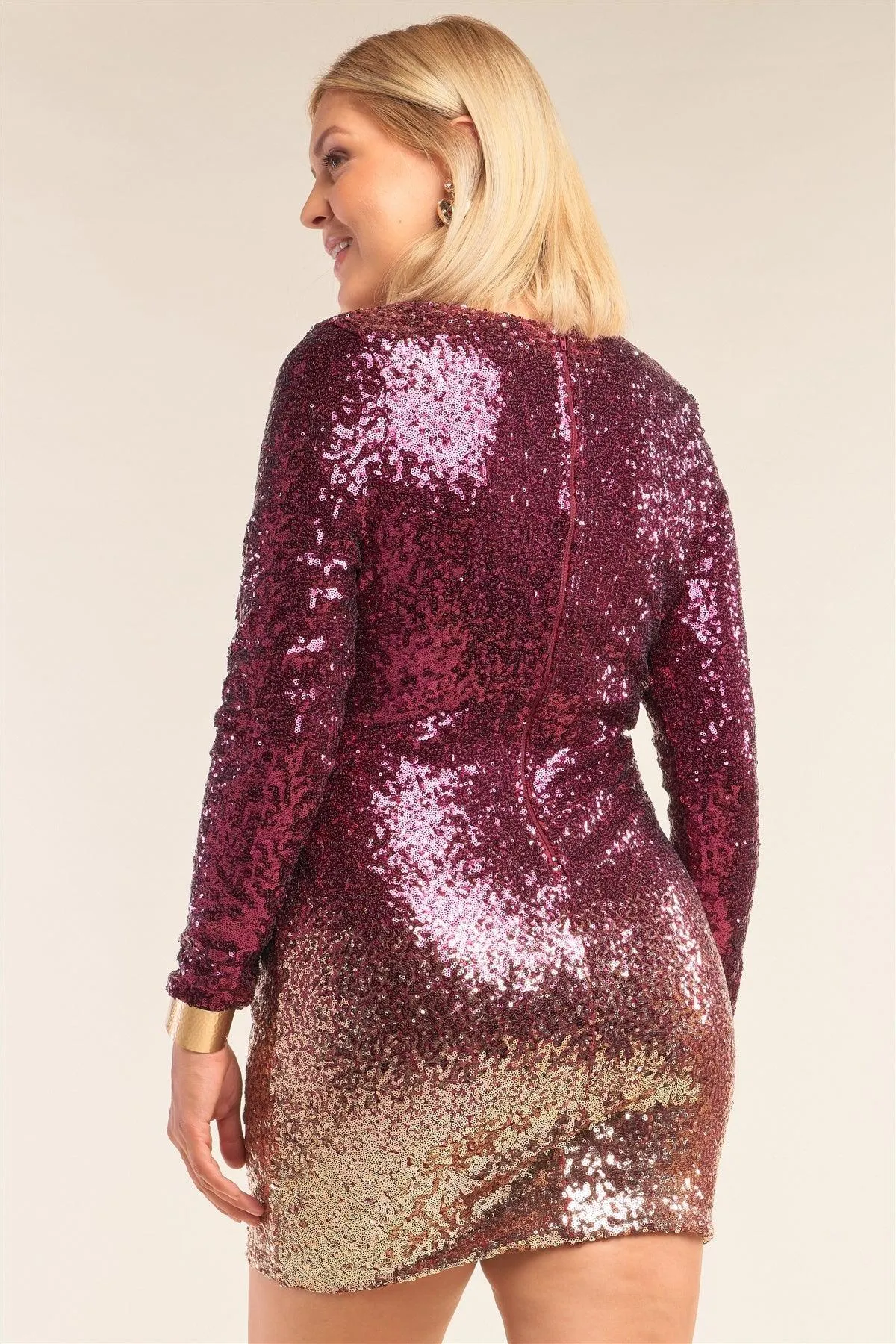 Junior Plus Size Burgundy Gold Ombre Sequin Long Sleeve Bodycon Mini Dress /2-1-1