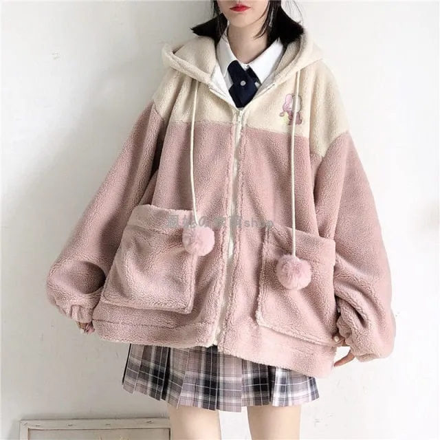 Kawaii Bunny Embroidery Hoodie Fleece