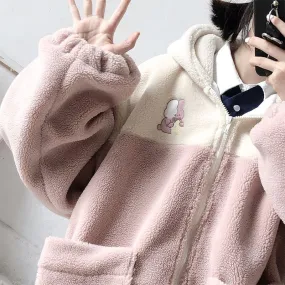 Kawaii Bunny Embroidery Hoodie Fleece