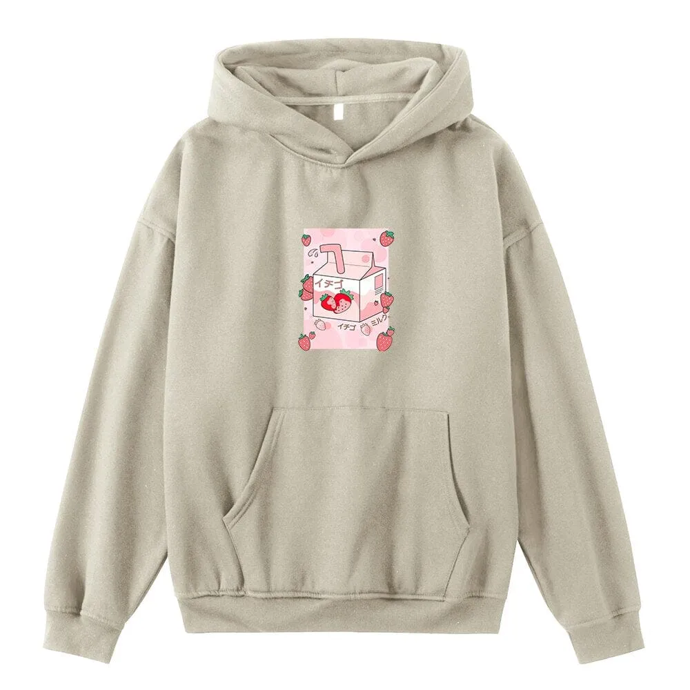 Kawaii Strawberry Milk Box Oversized Soft Hoodies