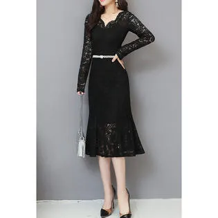 Ketty More Women V-Neck Long Sleeve Elegant Lace Dress-KMWDC2533