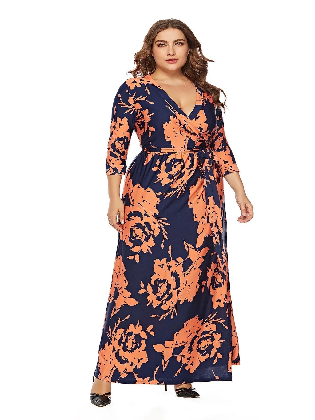 KittenAlarm - Women's Printed Plus Size Stand Collar 3/4 Sleeve Long Wrap Dress