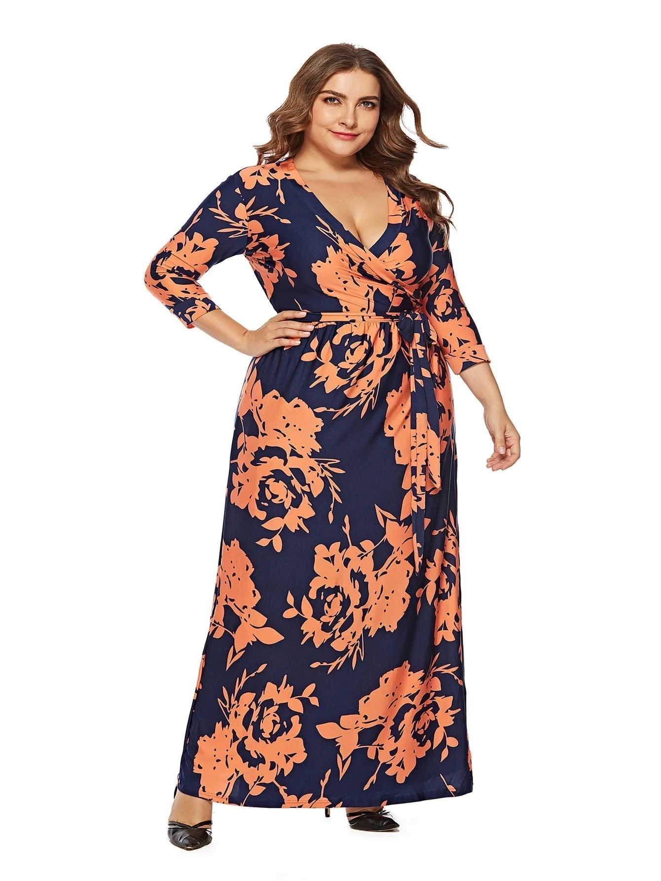 KittenAlarm - Women's Printed Plus Size Stand Collar 3/4 Sleeve Long Wrap Dress