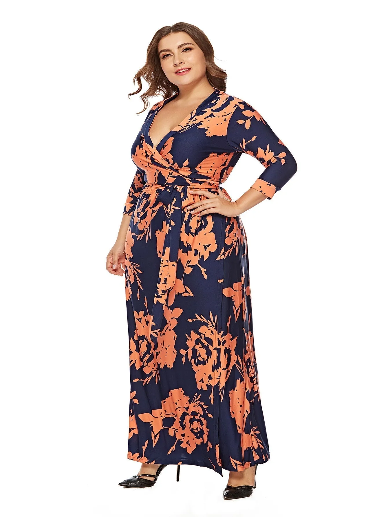 KittenAlarm - Women's Printed Plus Size Stand Collar 3/4 Sleeve Long Wrap Dress