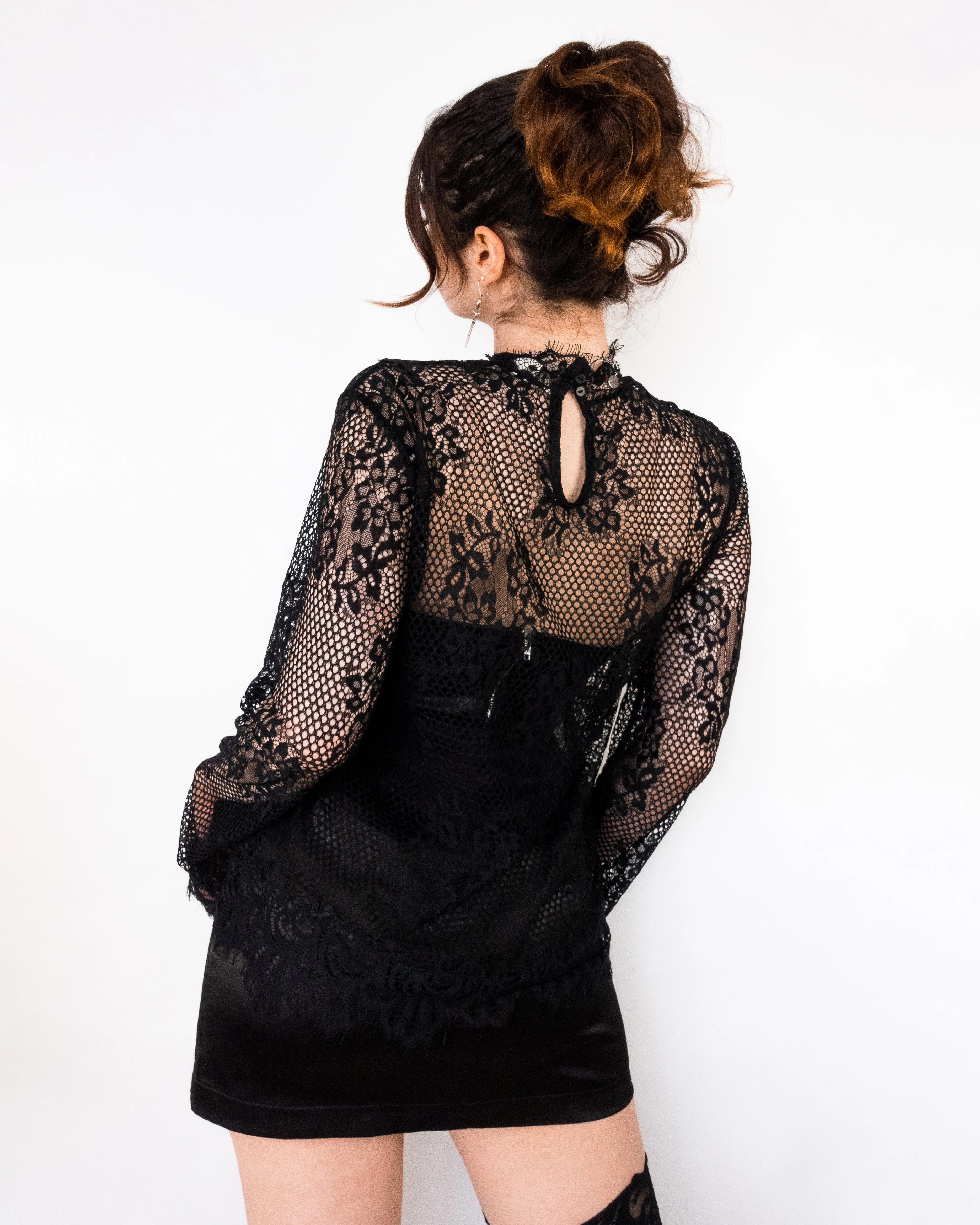 Lace Fishnet Long Sleeve Top Black