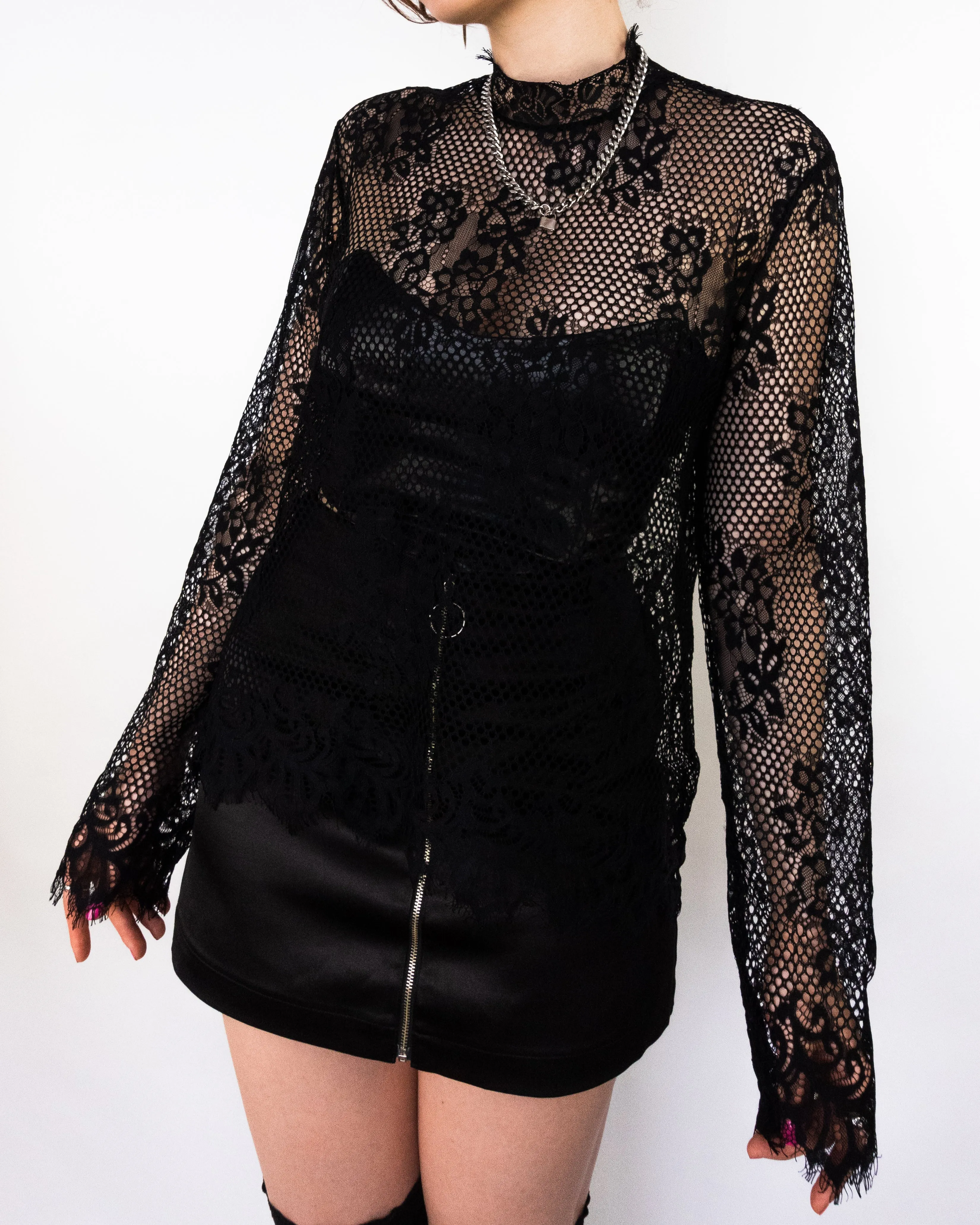 Lace Fishnet Long Sleeve Top Black