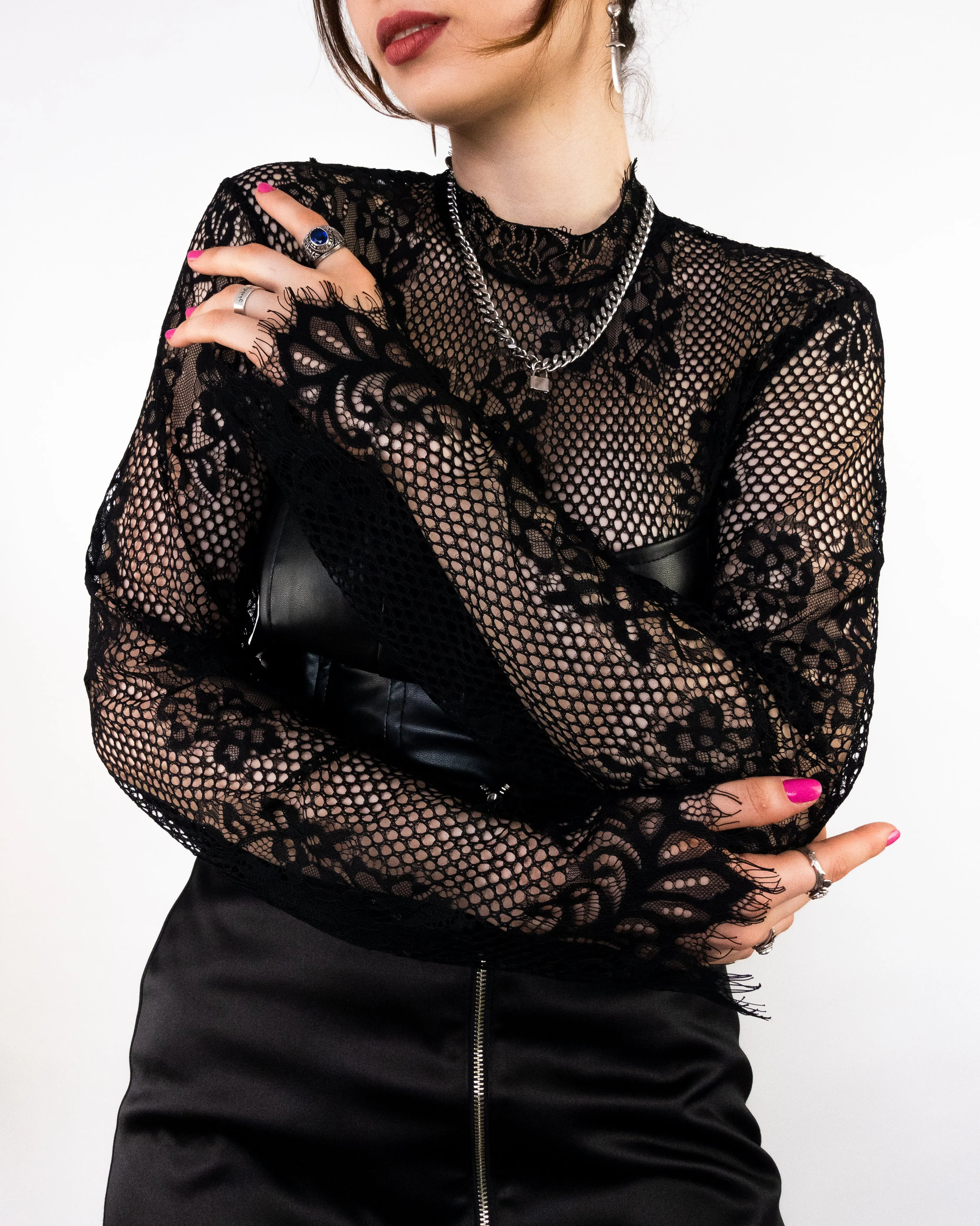 Lace Fishnet Long Sleeve Top Black