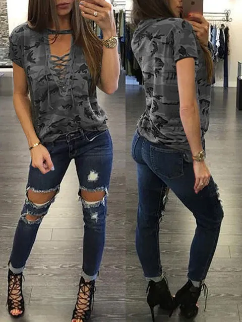 Lace Up Deep V-Neck Short Sleeve Camouflage Tees