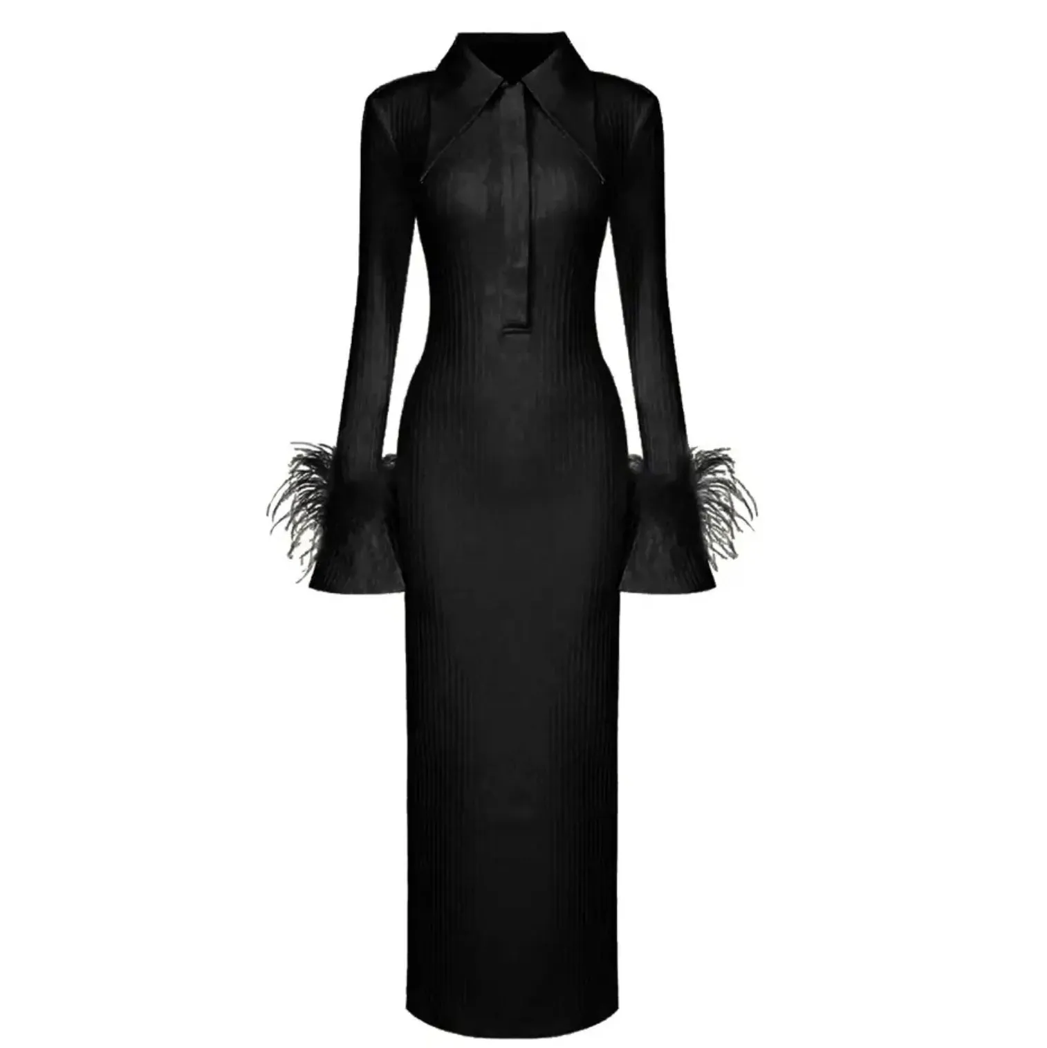 Lapel Collar Fuzzy Trim Long Sleeved Dress