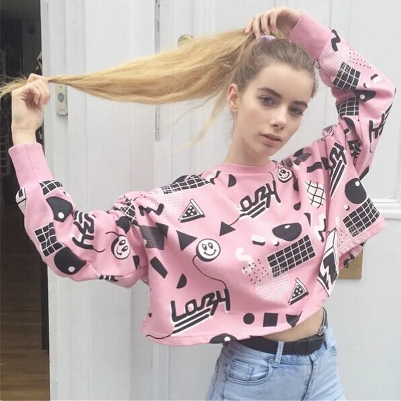 Lazy Geometric Doodle Crop Top Long Sleeve