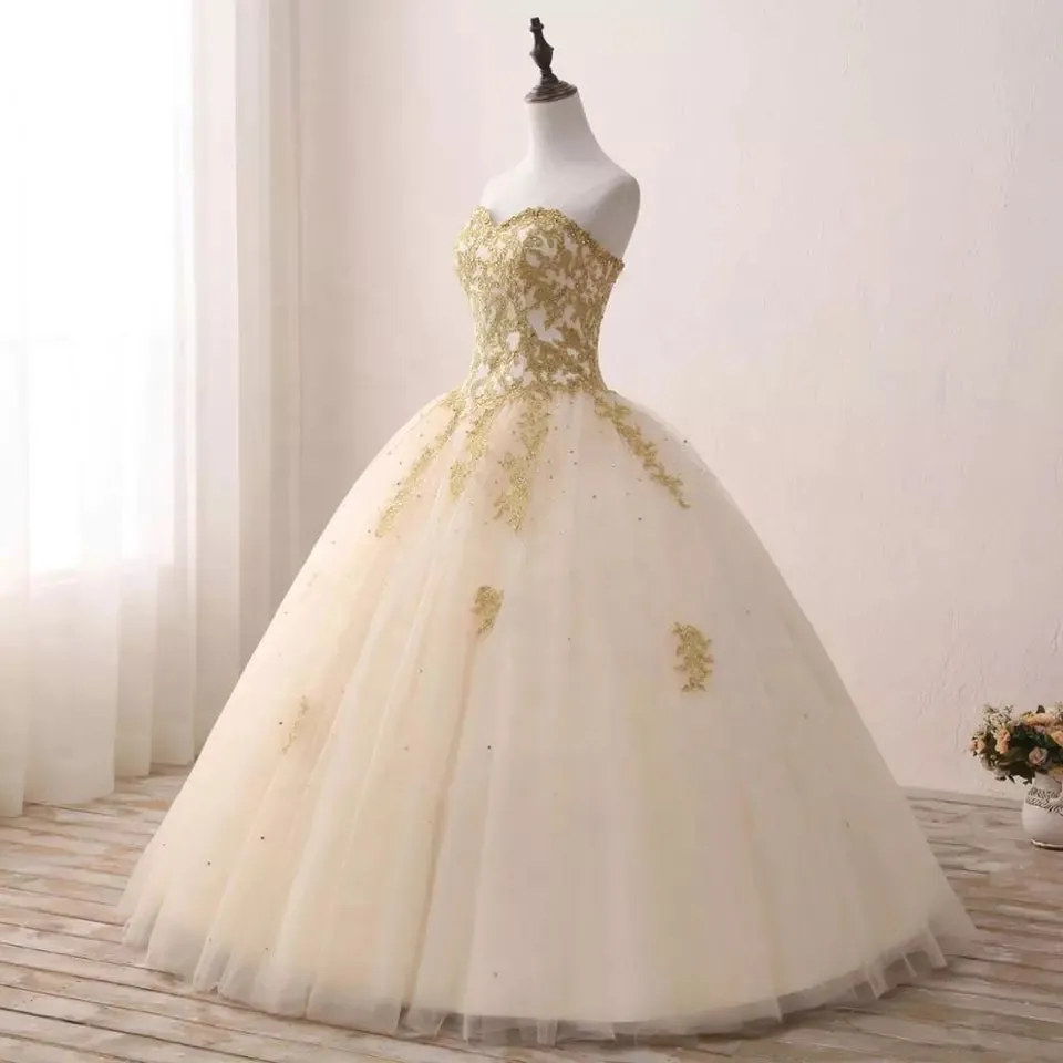 Light Champagne Ball Gown Party Dress, Sweet 16 dress with Gold Applique