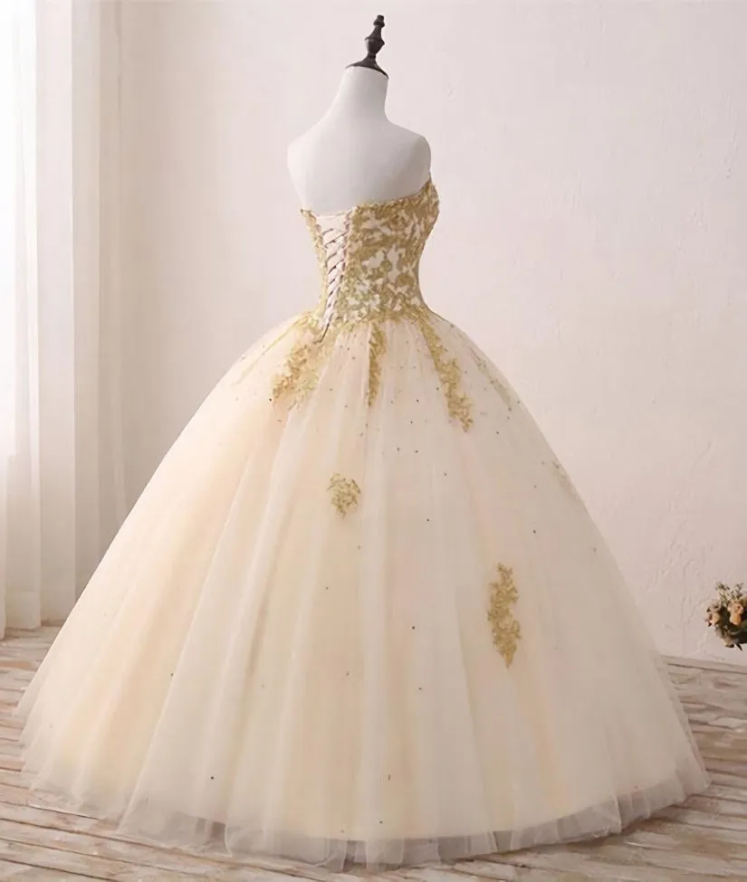 Light Champagne Ball Gown Party Dress, Sweet 16 dress with Gold Applique