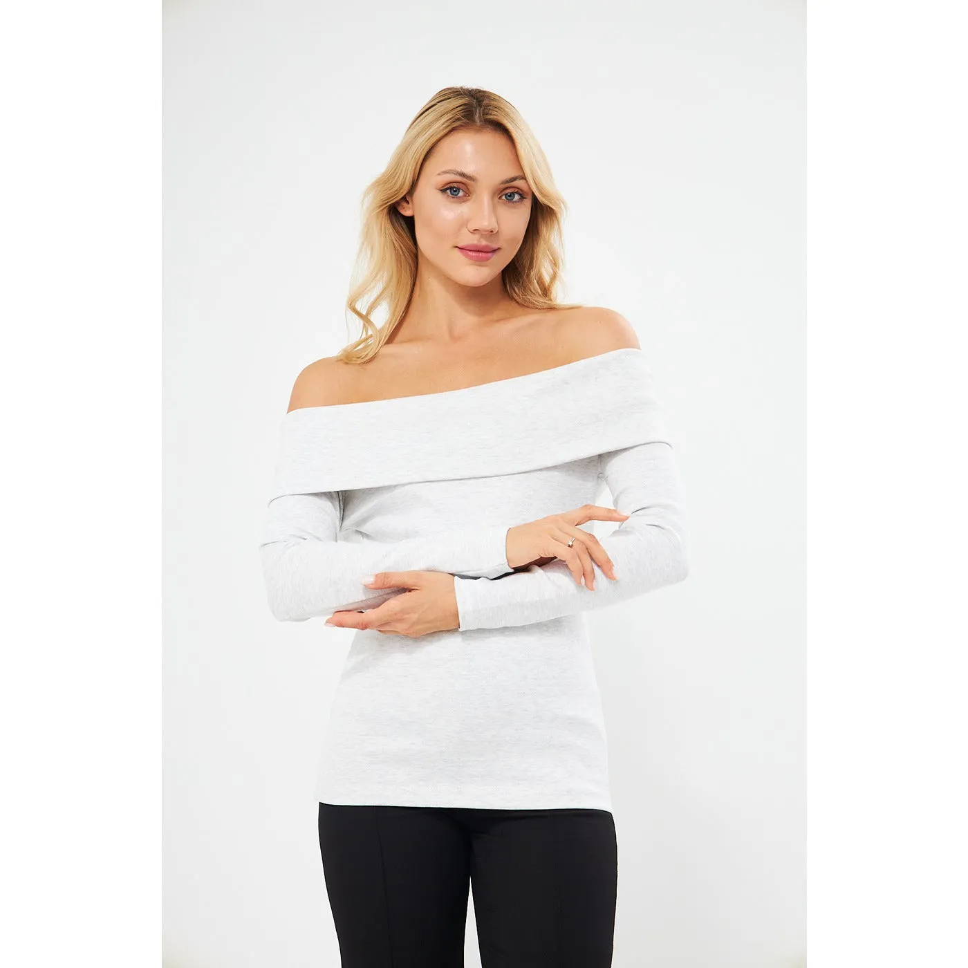 Light Grey Rib Off-Shoulder Top