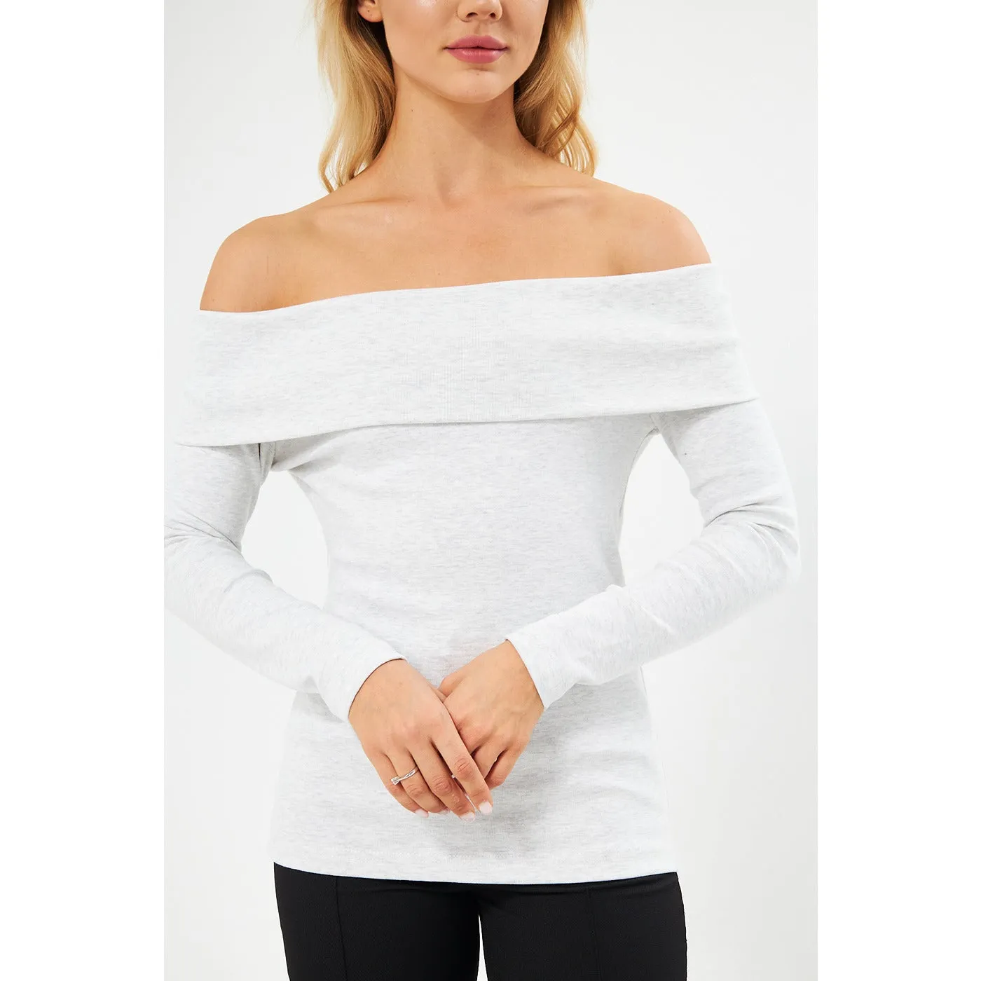 Light Grey Rib Off-Shoulder Top