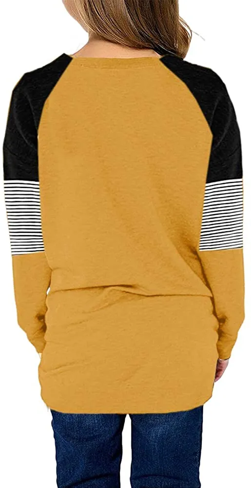 Little Girls' Yellow Color Block Raglan Sleeves Stripe Pullover Top