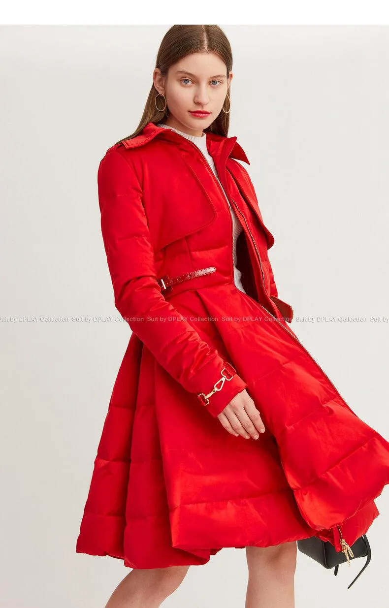 Long red Down coat winter red waist and big swing design pleated coat -Jara