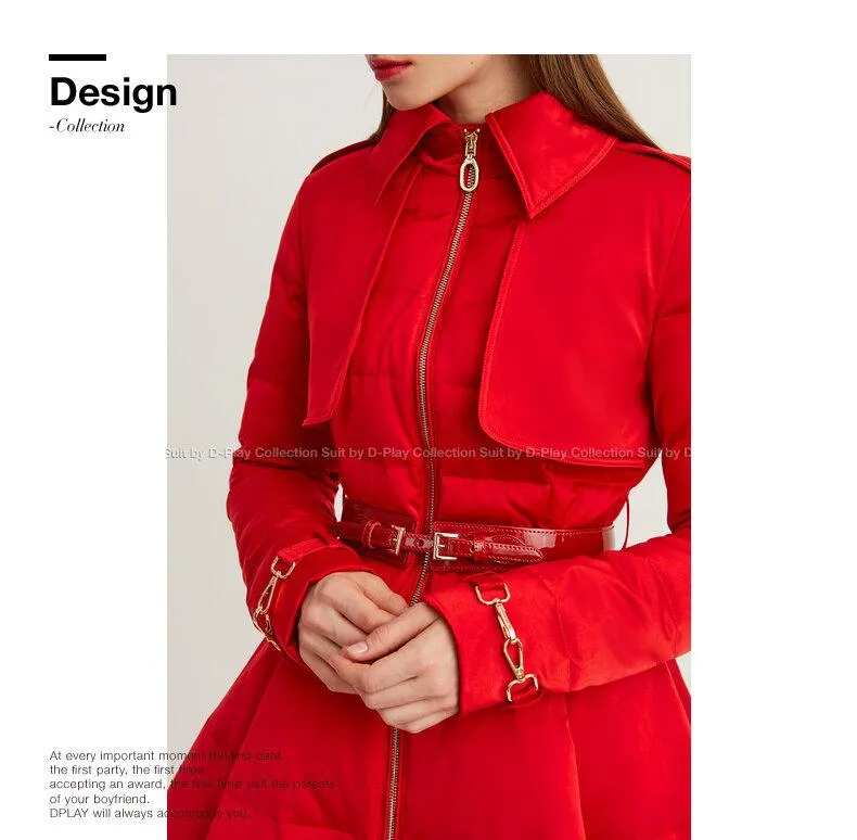 Long red Down coat winter red waist and big swing design pleated coat -Jara