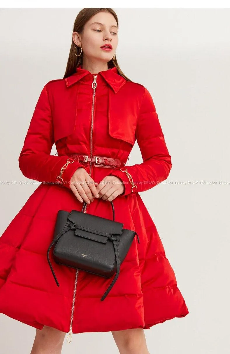 Long red Down coat winter red waist and big swing design pleated coat -Jara