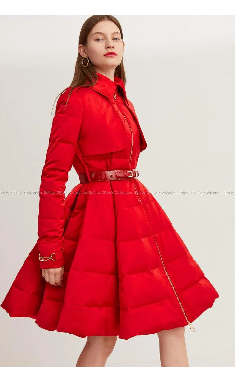 Long red Down coat winter red waist and big swing design pleated coat -Jara