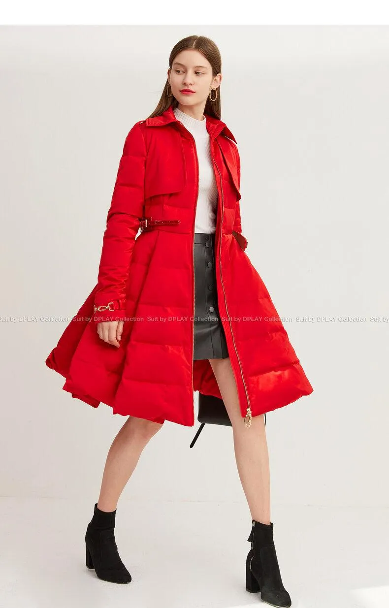 Long red Down coat winter red waist and big swing design pleated coat -Jara