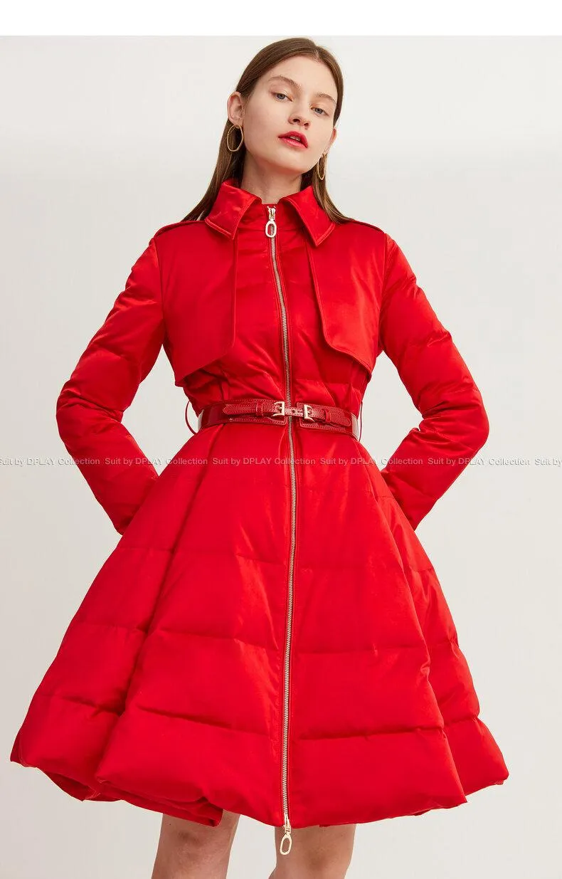 Long red Down coat winter red waist and big swing design pleated coat -Jara