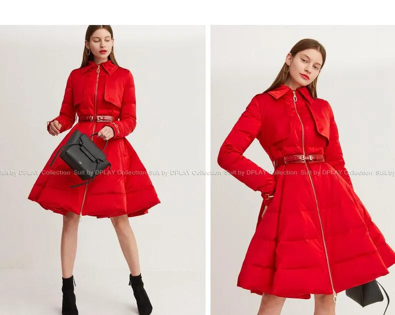 Long red Down coat winter red waist and big swing design pleated coat -Jara