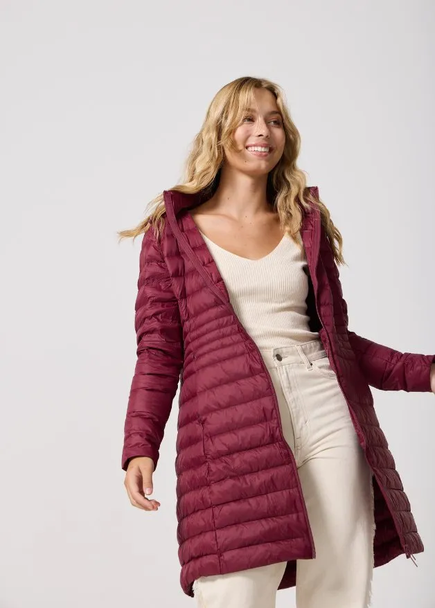 Maroon Duck Down Midi Puffer Coat