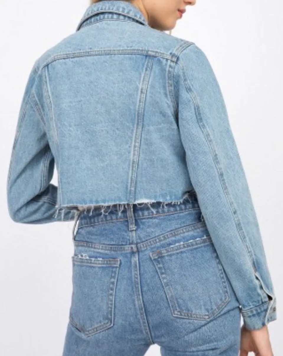 Medium Denim Raw Hem Cropped Jean Jacket