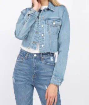 Medium Denim Raw Hem Cropped Jean Jacket