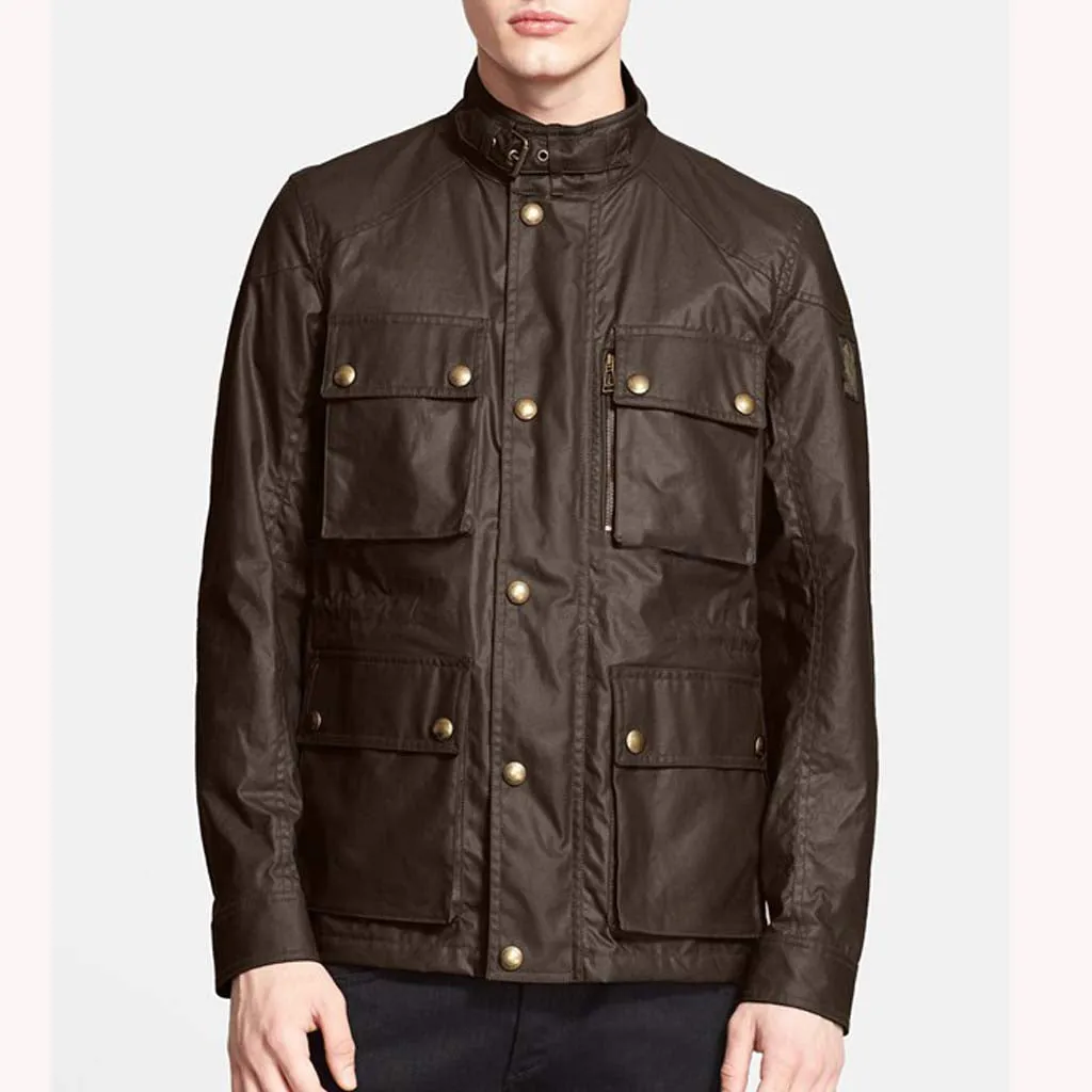 Men's Brown Leather Long Coat with Utility Pockets MC18